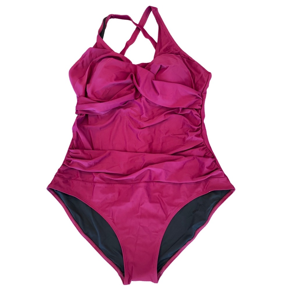 Halcurt Plus Size 1X One Piece Swimsuit Magenta Pink Ruched Tummy Control Retro